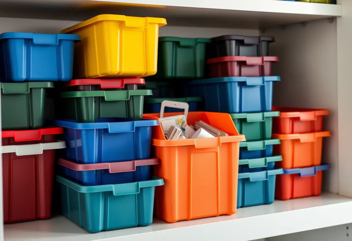 Palette de boîtes de rangement en plastique multicolores sur une étagère