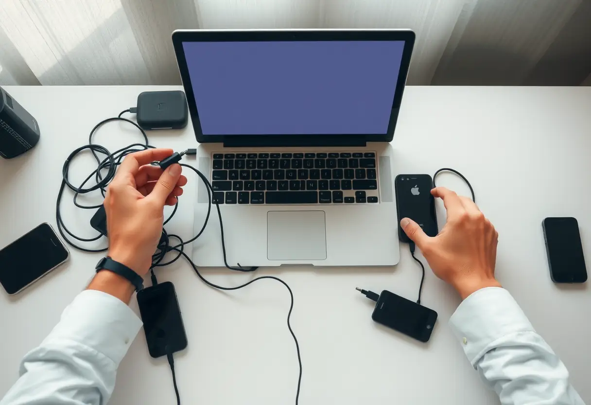 Mains organisant les câbles sur le bureau d'ado