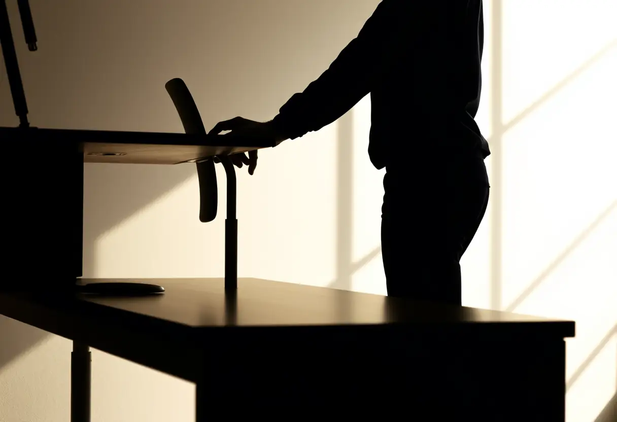 Contour d'une personne ajustant la hauteur de sa chaise pour correspondre au bureau, lumière naturelle