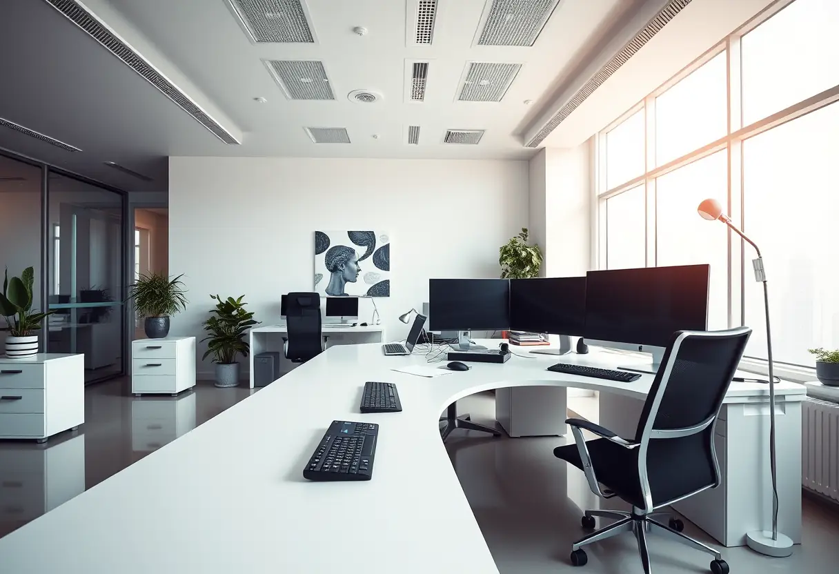 Vue d'ensemble d'un bureau blanc spacieux et fonctionnel