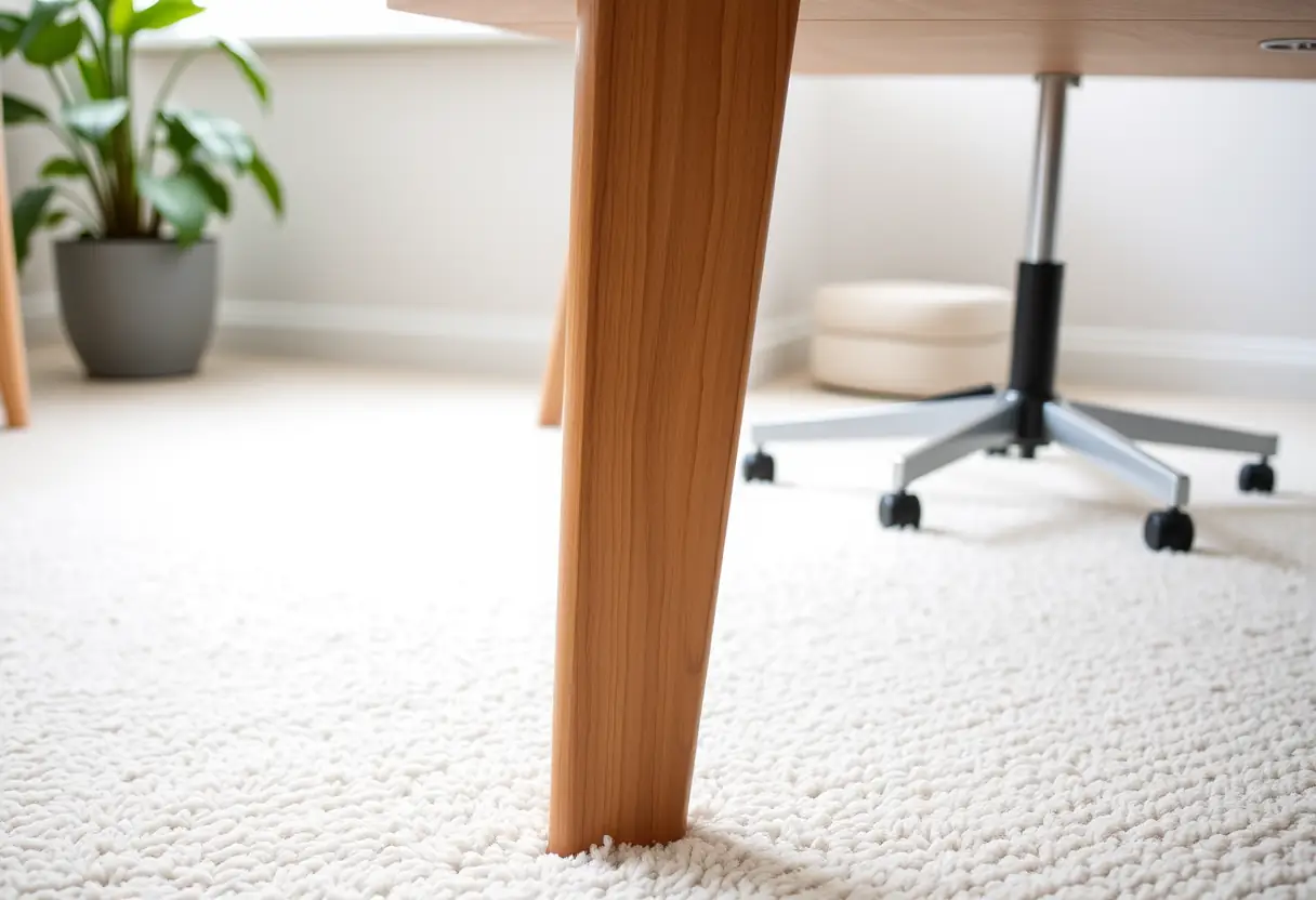 Jambes d'un bureau sur un tapis blanc dans un bureau à la maison