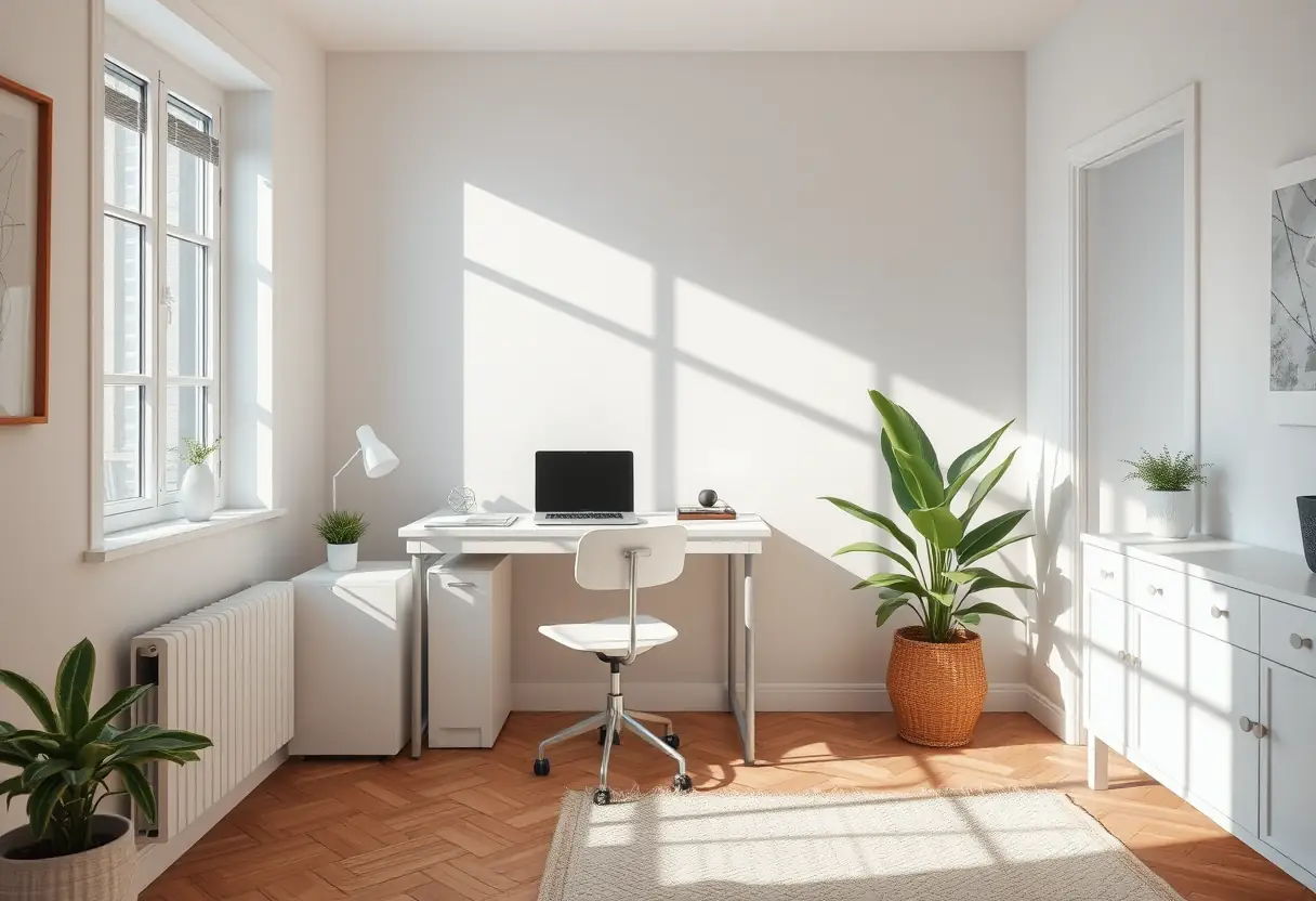 Bureau d'angle blanc dans un coin de vie lumineux