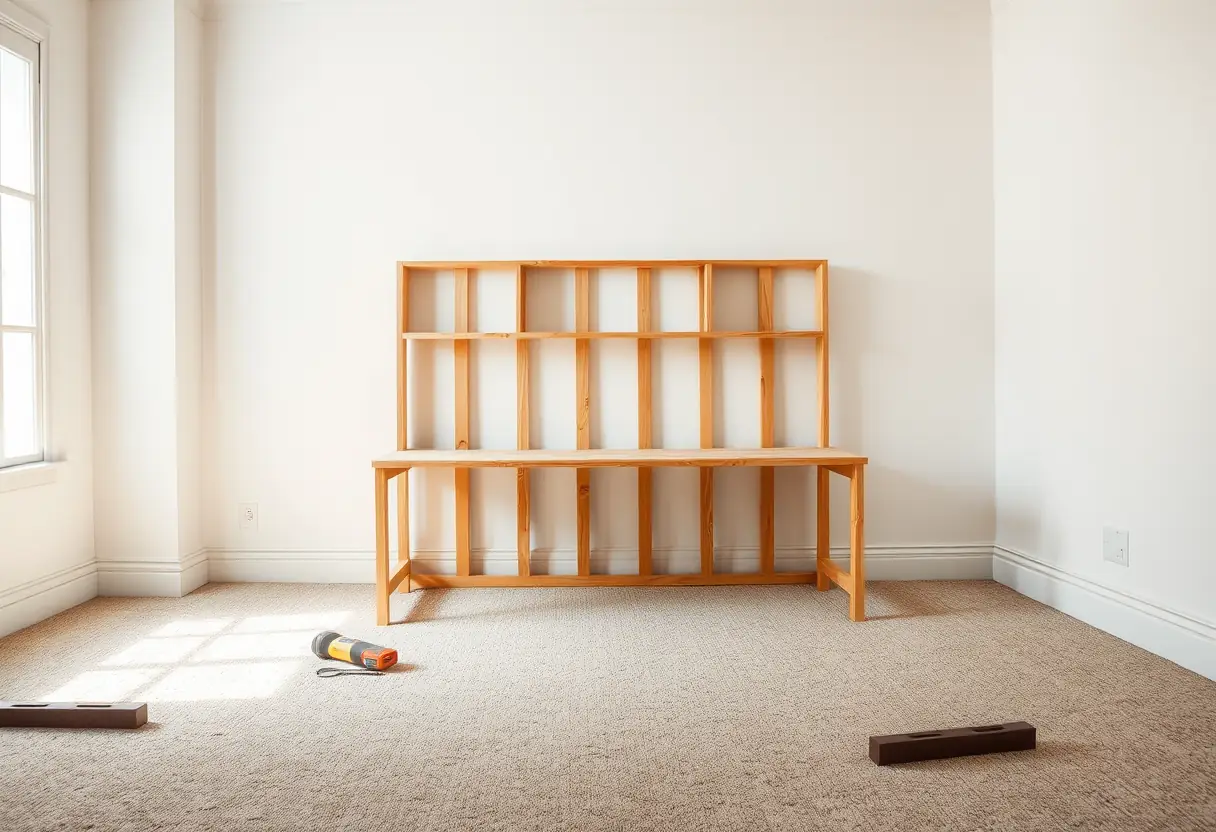 Un cadre en bois en cours d'assemblage pour un bureau d'angle gamer