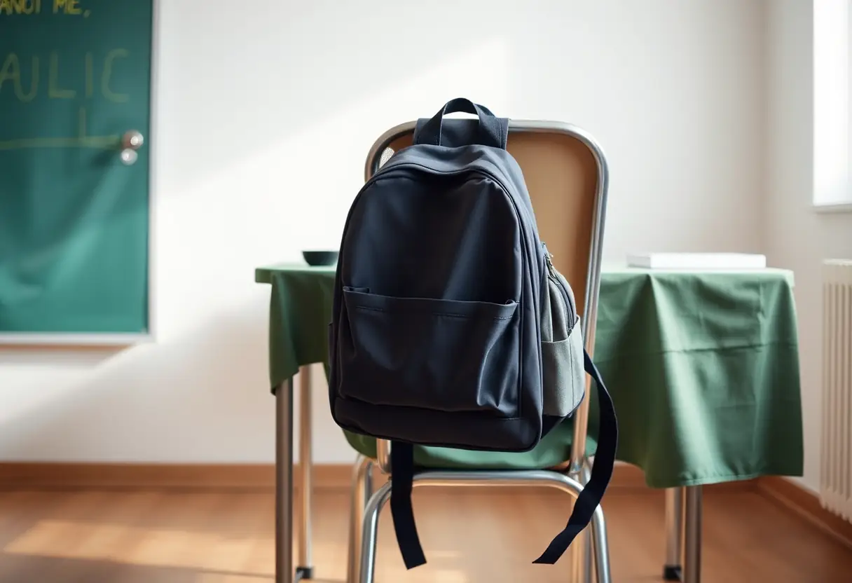 Un sac à dos accroché à une chaise près d'un bureau avec une couverture verte