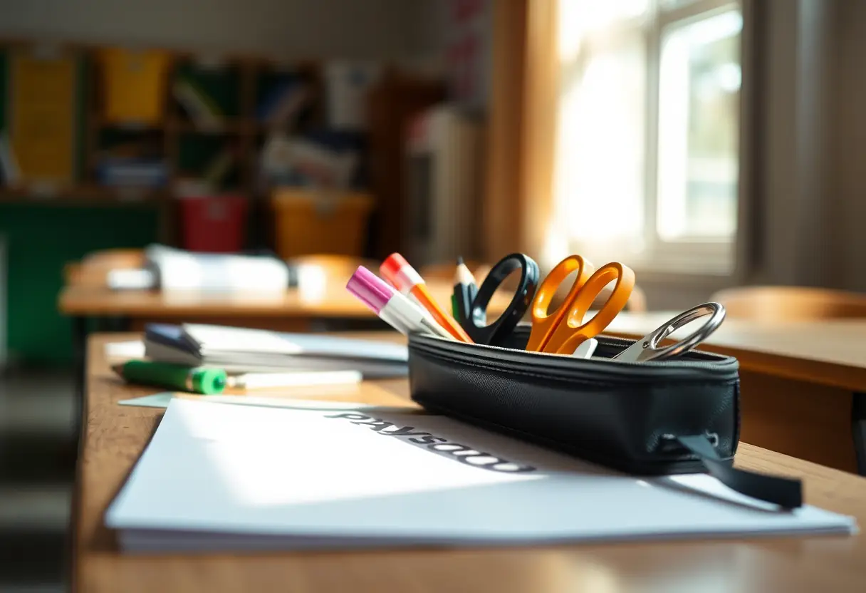 Un casier à crayons rempli d’articles de bureau sous la lumière du matin