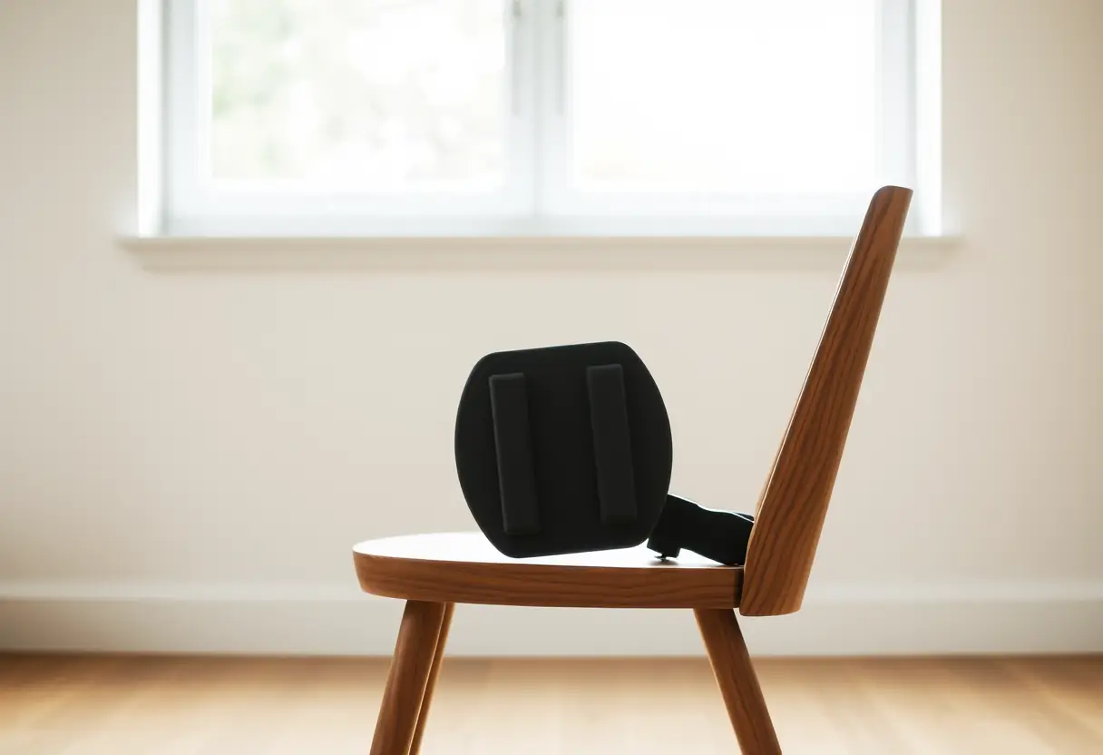Un fauteuil ajustable avec soutien lombaire se profile derrière une fenêtre éclairée naturellement, pour un confort de travail.