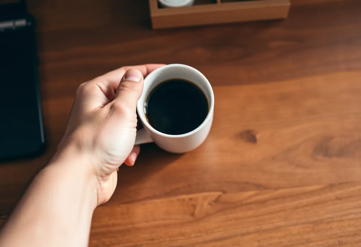 Une main posant une tasse de café sur un bureau en noyer