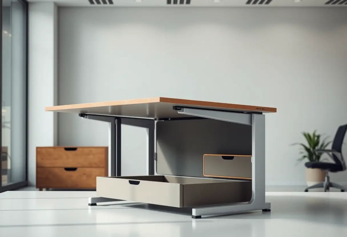 Un bureau pliable à charnière dans un espace professionnel, éclairé par une lumière douce qui met en valeur sa conception moderne