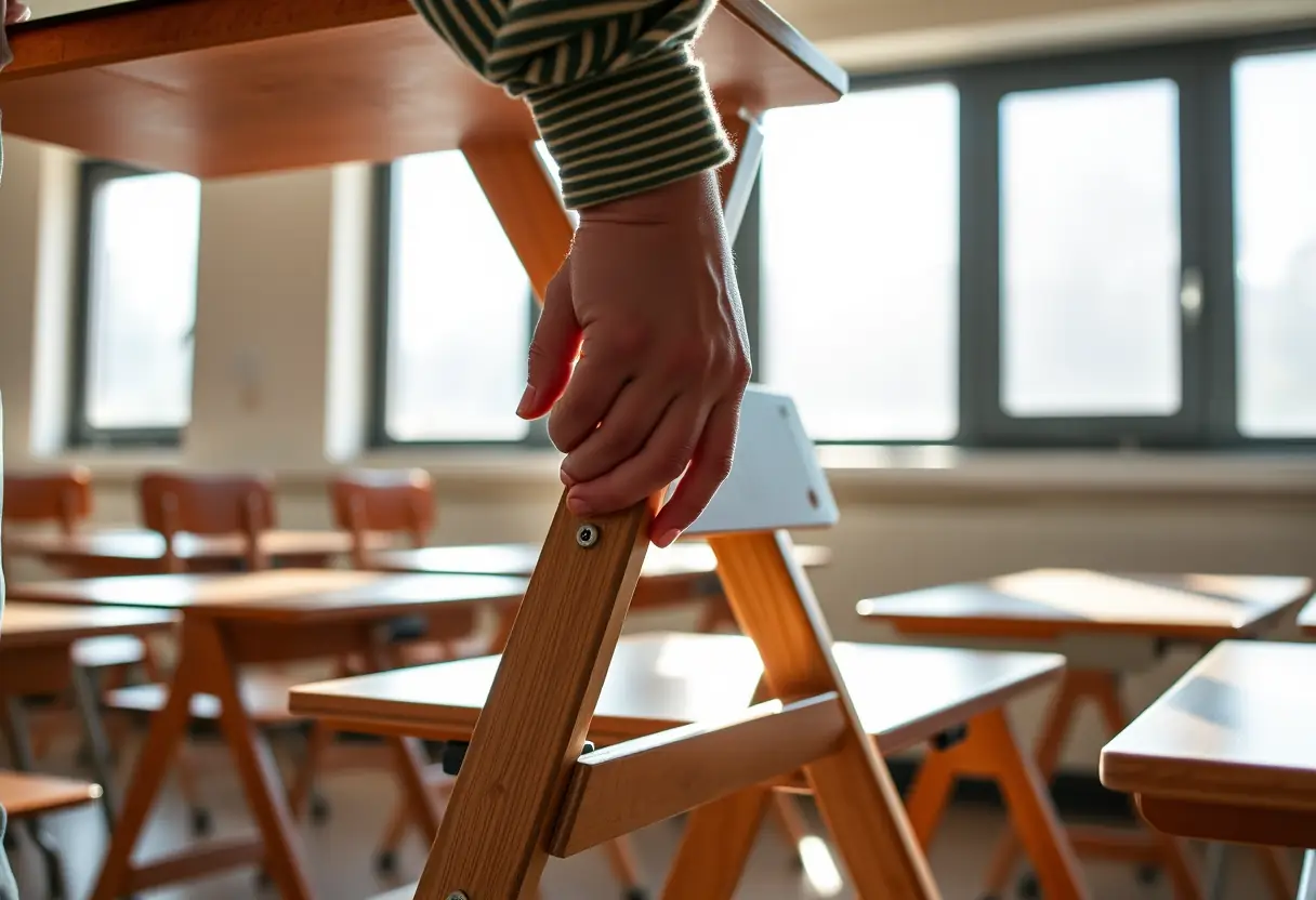 Une main étudiant ajuste les pieds d'un bureau pliant en bois