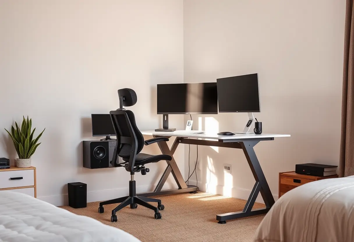 Espace de travail debout dans une chambre, chaise ergonomique, moniteurs multiples