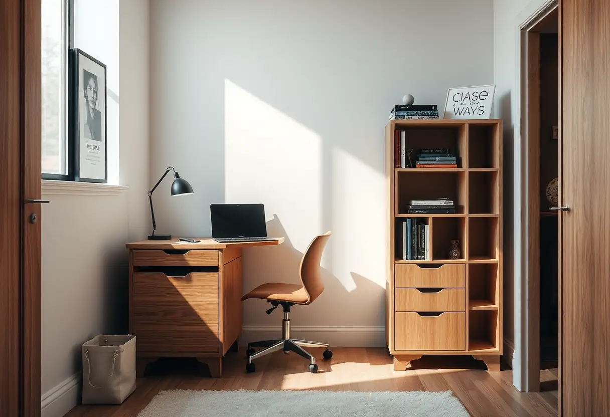 Bureau transformable partiellement replié dans une petite pièce