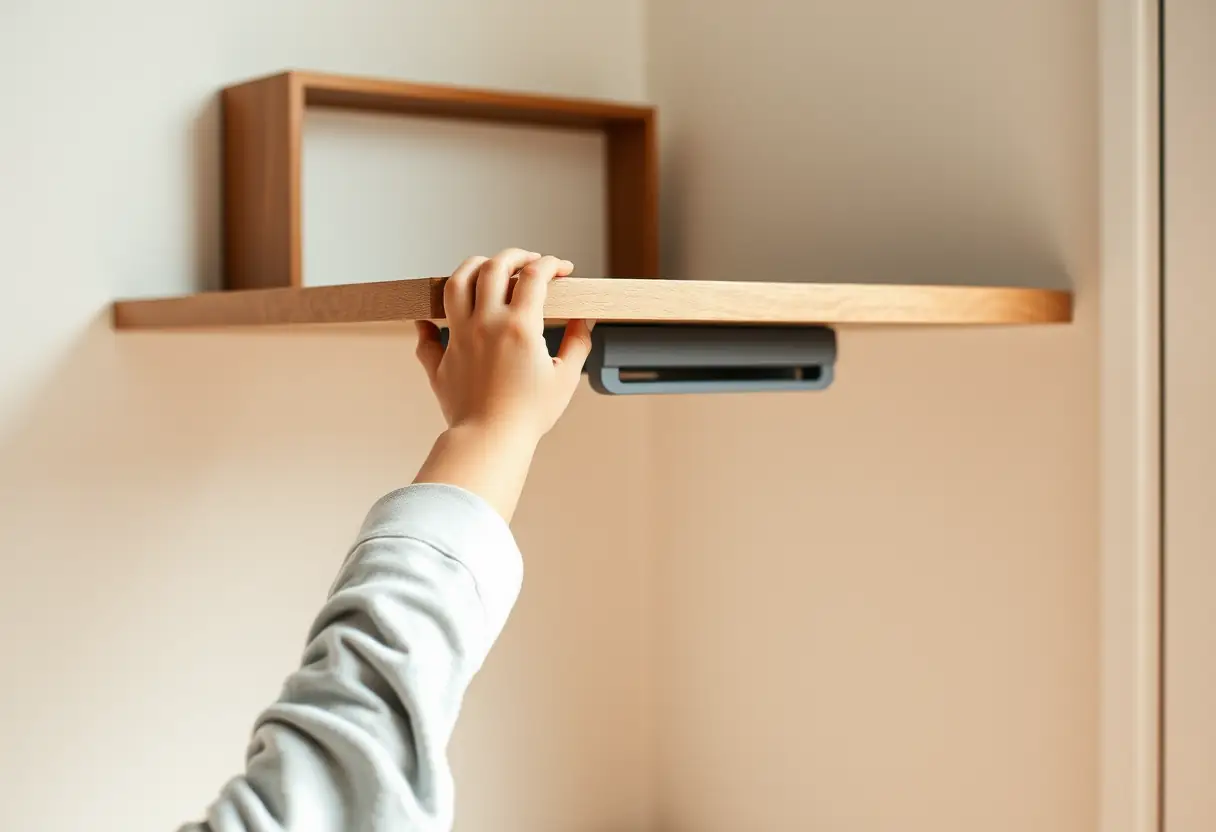 Une main d'enfant ajustant la hauteur d'un bureau rétractable