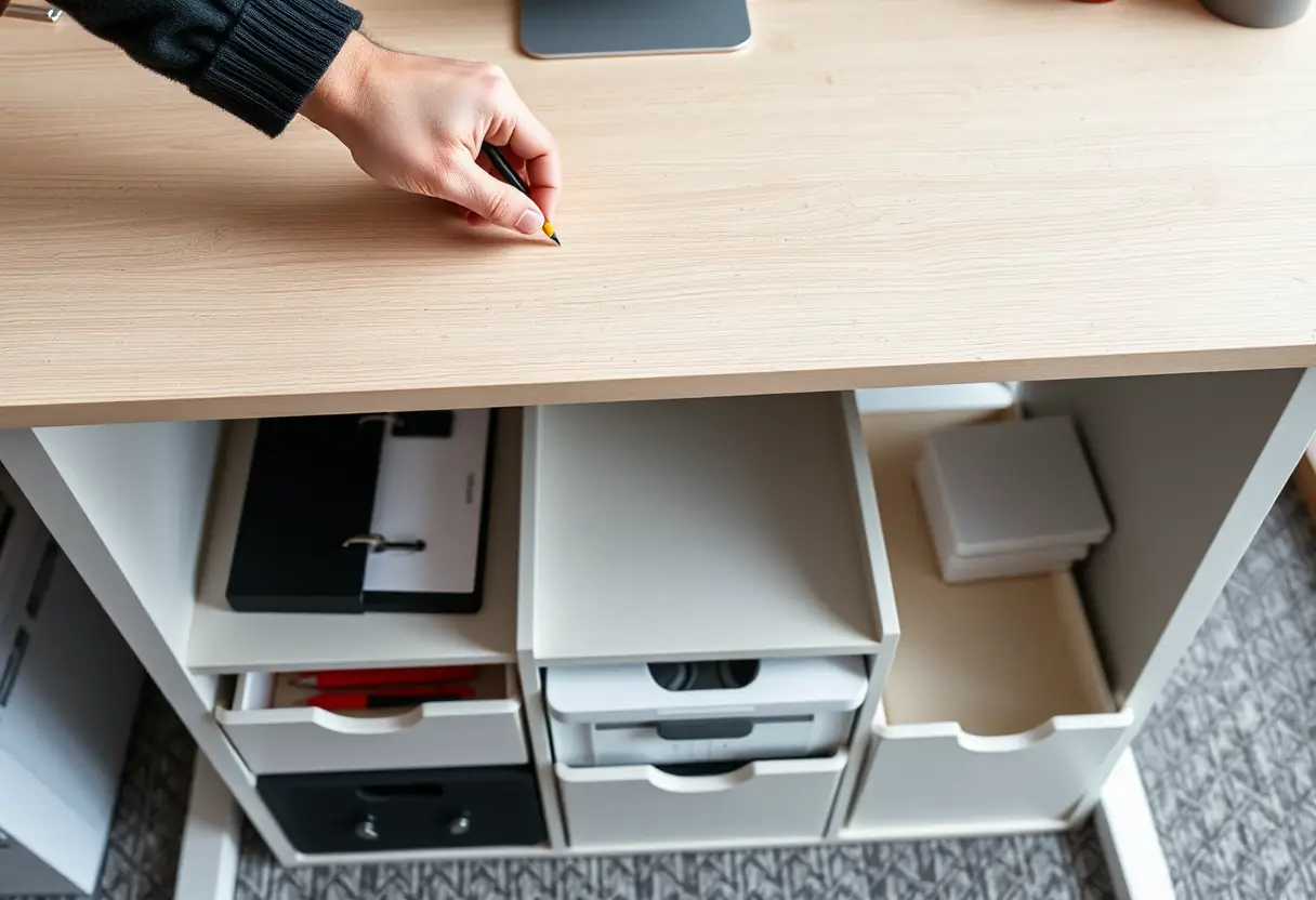 Main de travailleur sur un bureau modulaire bien organisé