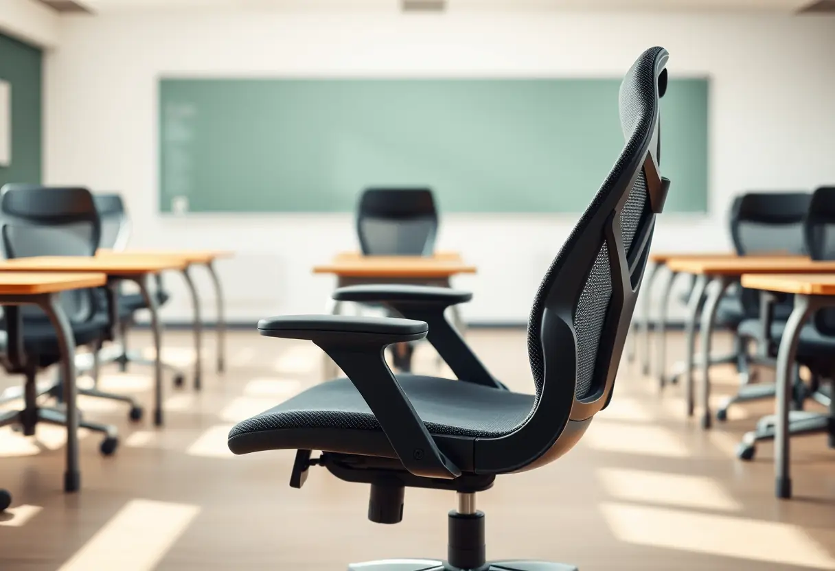 Une chaise de bureau ergonomique dans une classe, avec des accoudoirs réglables et un dossier en maille respirante