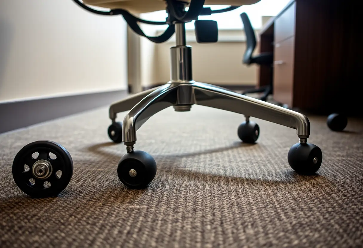 Quatre roues robustes roulent sur un tapis dans un bureau