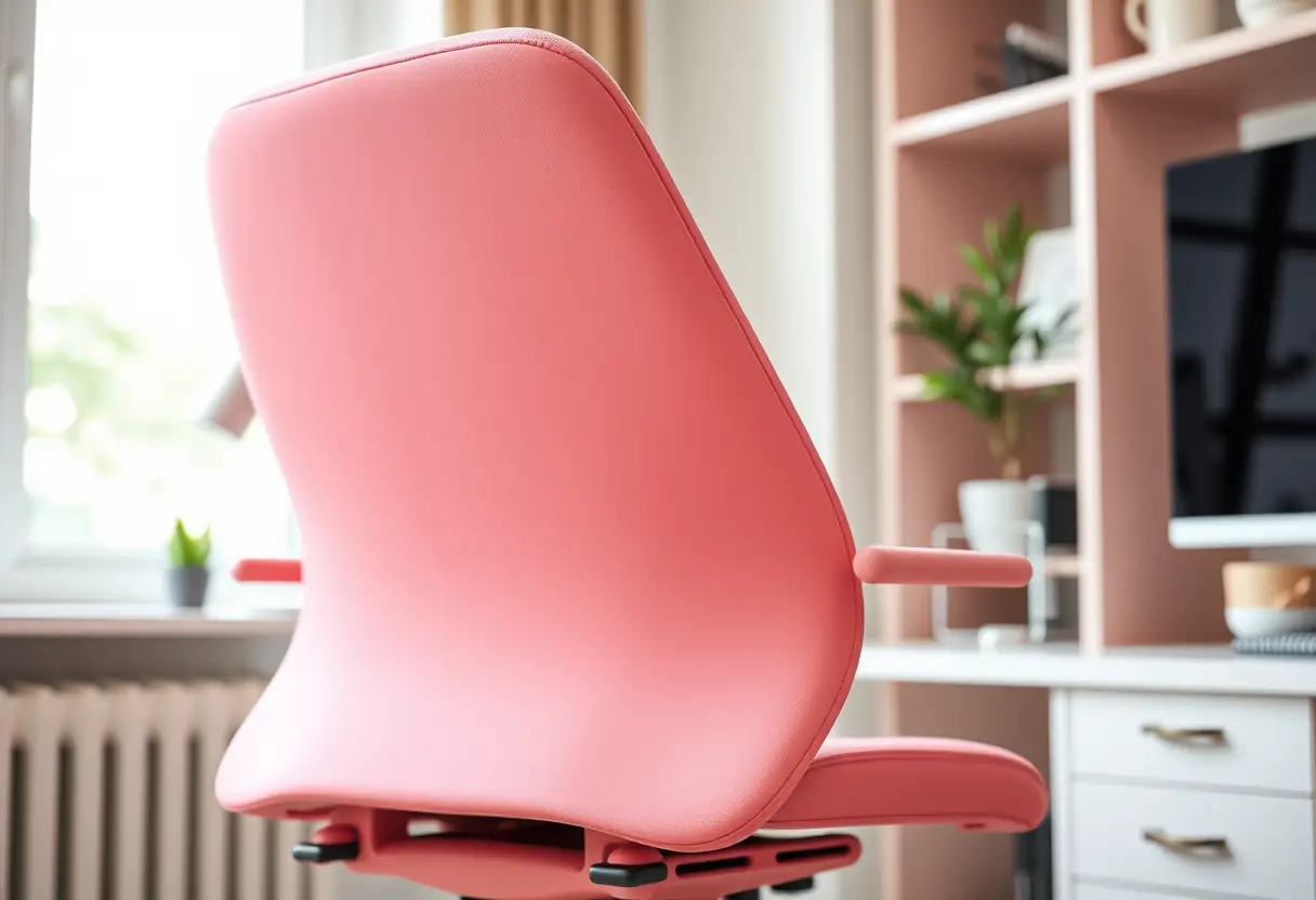 Une main ajustant la hauteur d'un siège de bureau rose pour plus de confort