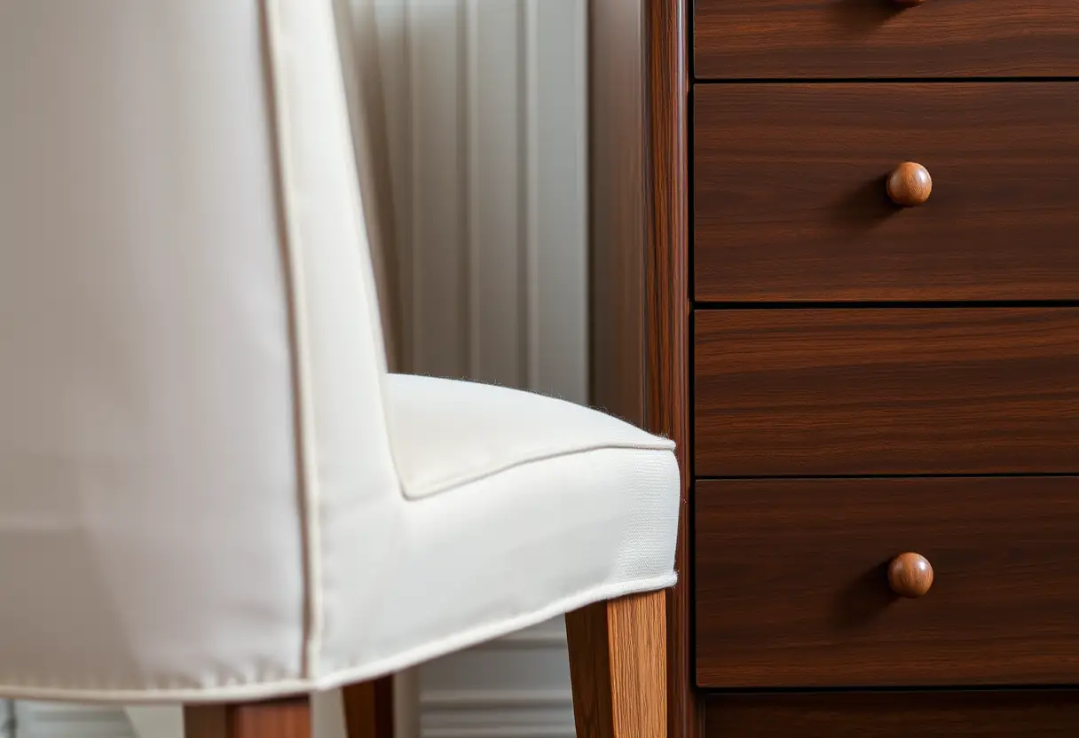 Un pied de chaise recouvert de tissu à côté d'une commode de bureau moderne en bois foncé
