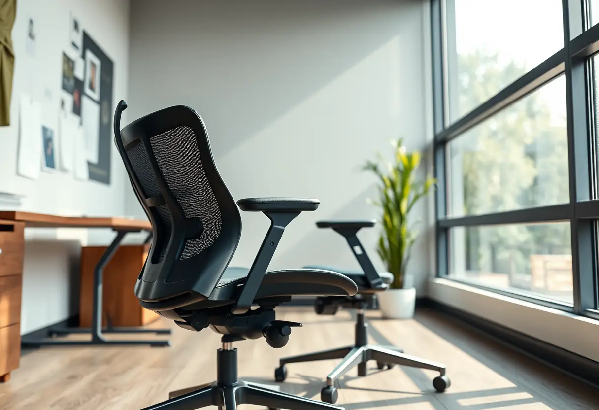 Un espace de travail avec un fauteuil de bureau ergonomique près d'une fenêtre