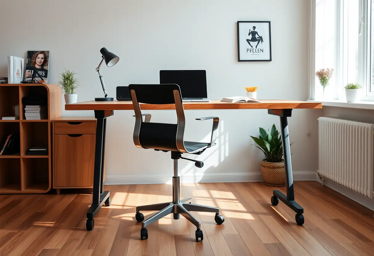Bureau debout dans un bureau à domicile, avec une chaise à roulettes et un ordinateur portable
