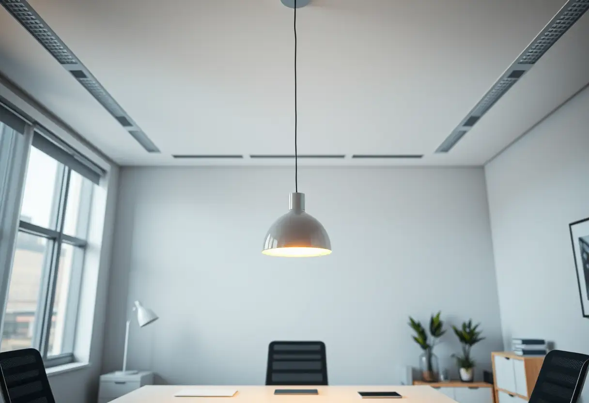 Lampe suspendue avec abat-jour en verre éclairant un bureau minimaliste