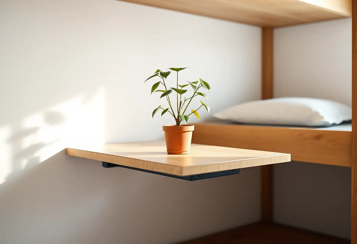 Une petite plante en pot sur le rebord d'un bureau fixé au sommier inférieur, ses feuilles doucement agitées par la brise