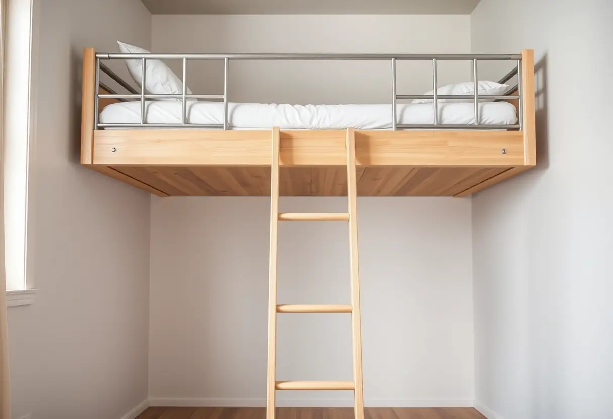 Une échelle menant au sommier supérieur d'un lit superposé, montrant l'accès pratique à la zone de sommeil