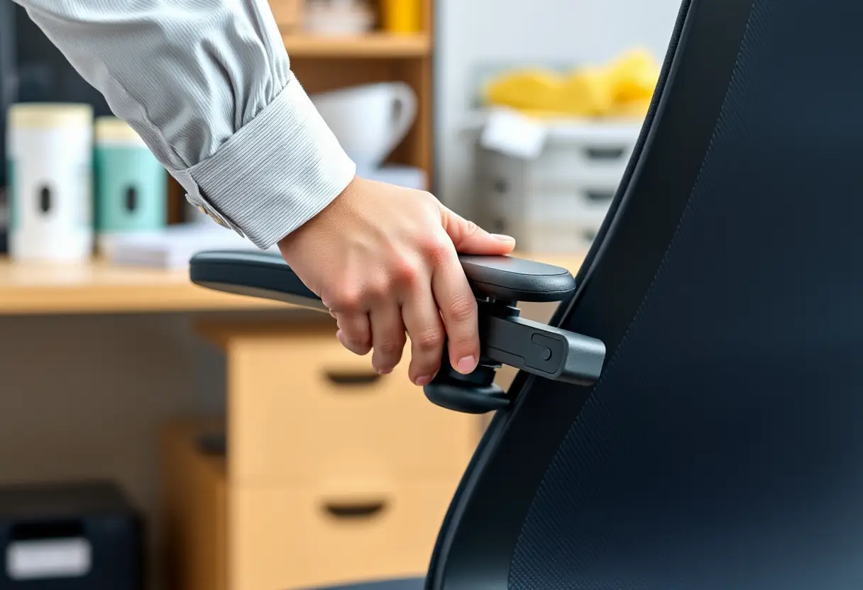 Une main ajustant la hauteur d'un bras-repos réglable sur une chaise de bureau moderne, selon l'article sur les chaises de bureau.