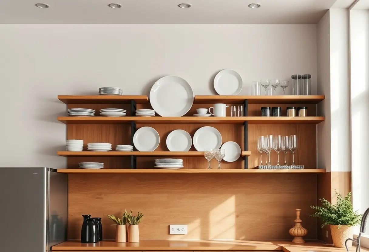 Étagère haute en bois dans une cuisine moderne pour afficher des objets décoratifs