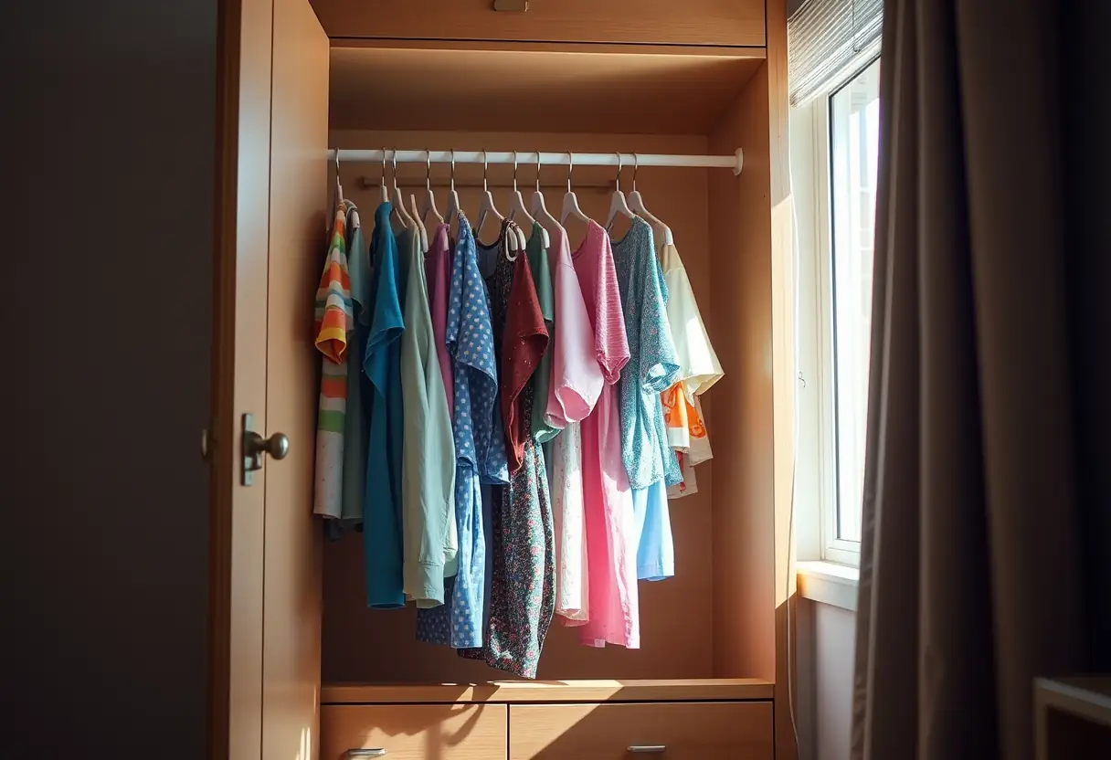 Une armoire pour enfant pleine de vêtements colorés