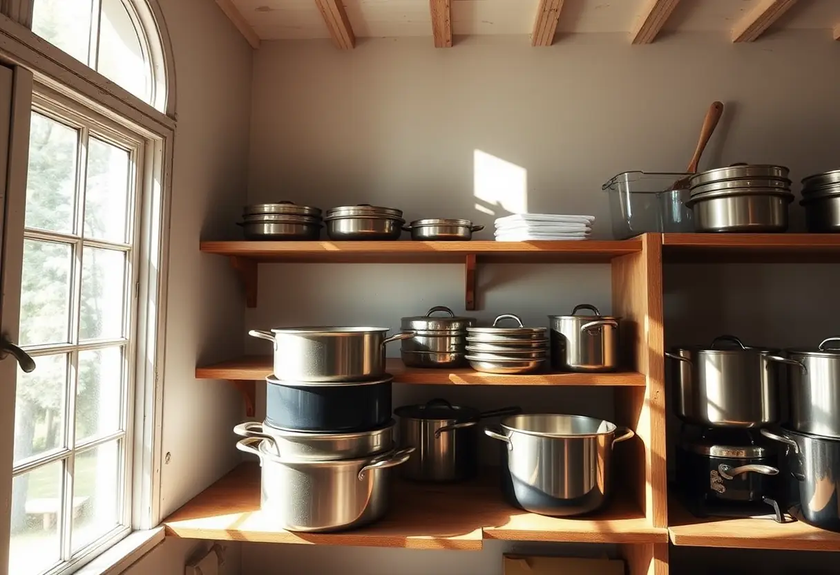 Étagère ouverte avec casseroles et poêles bien rangées