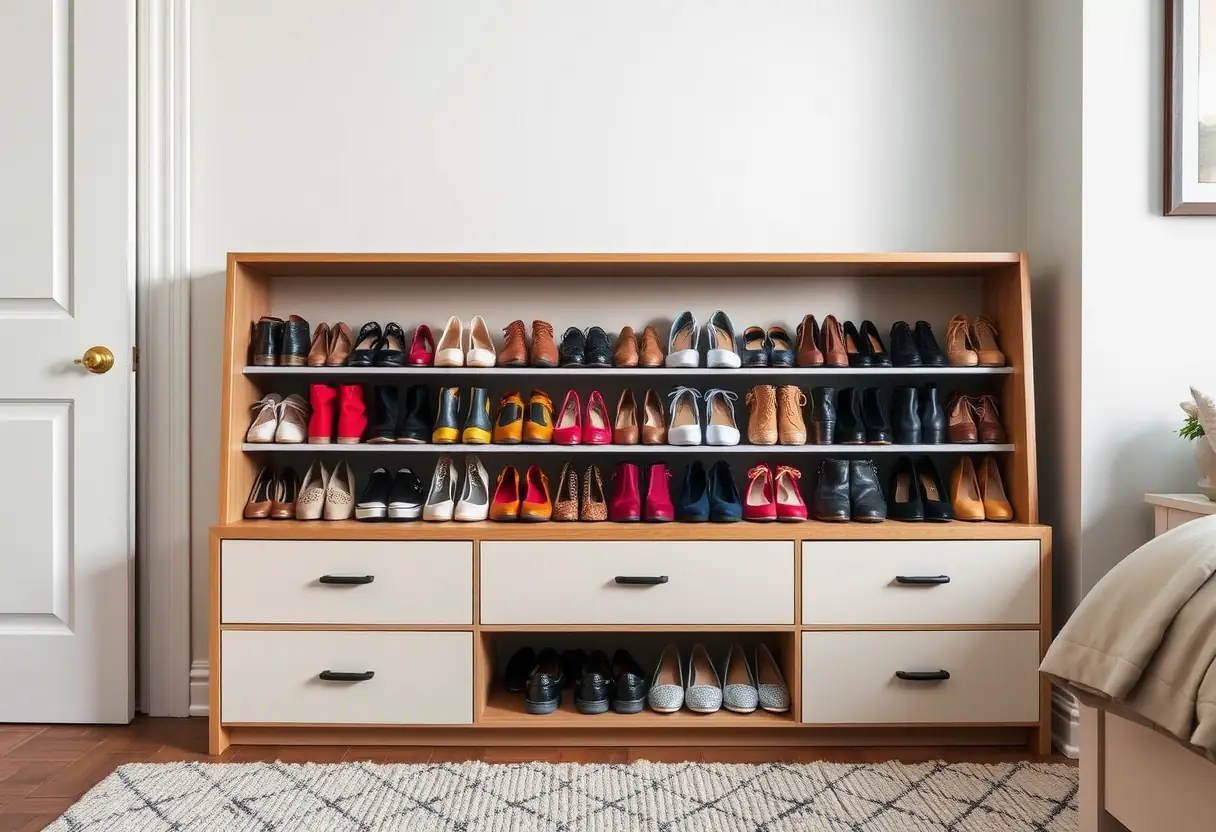 Meuble horizontal de rangement pour chaussures avec des tiroirs supplémentaires