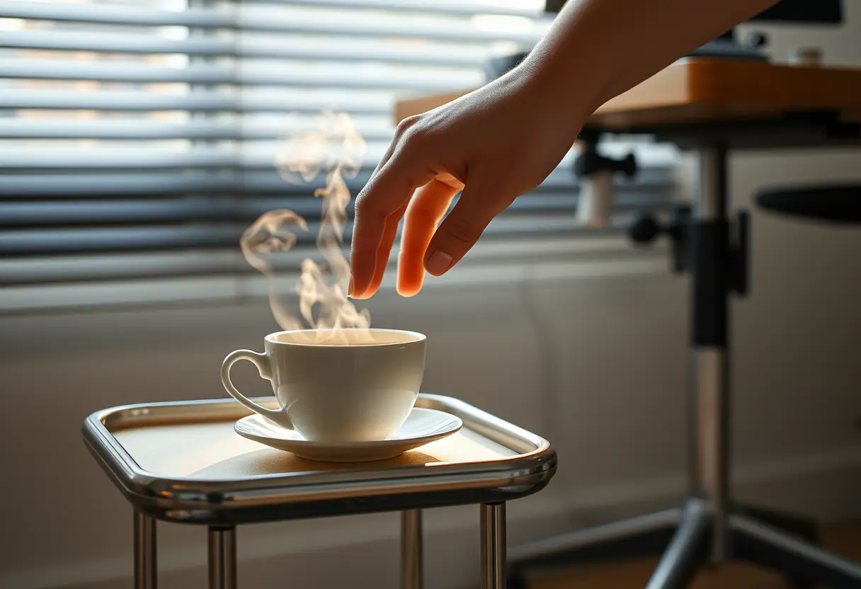Une main qui saisit une tasse de thé parfumé près d'un bureau équipé d'un pédalement