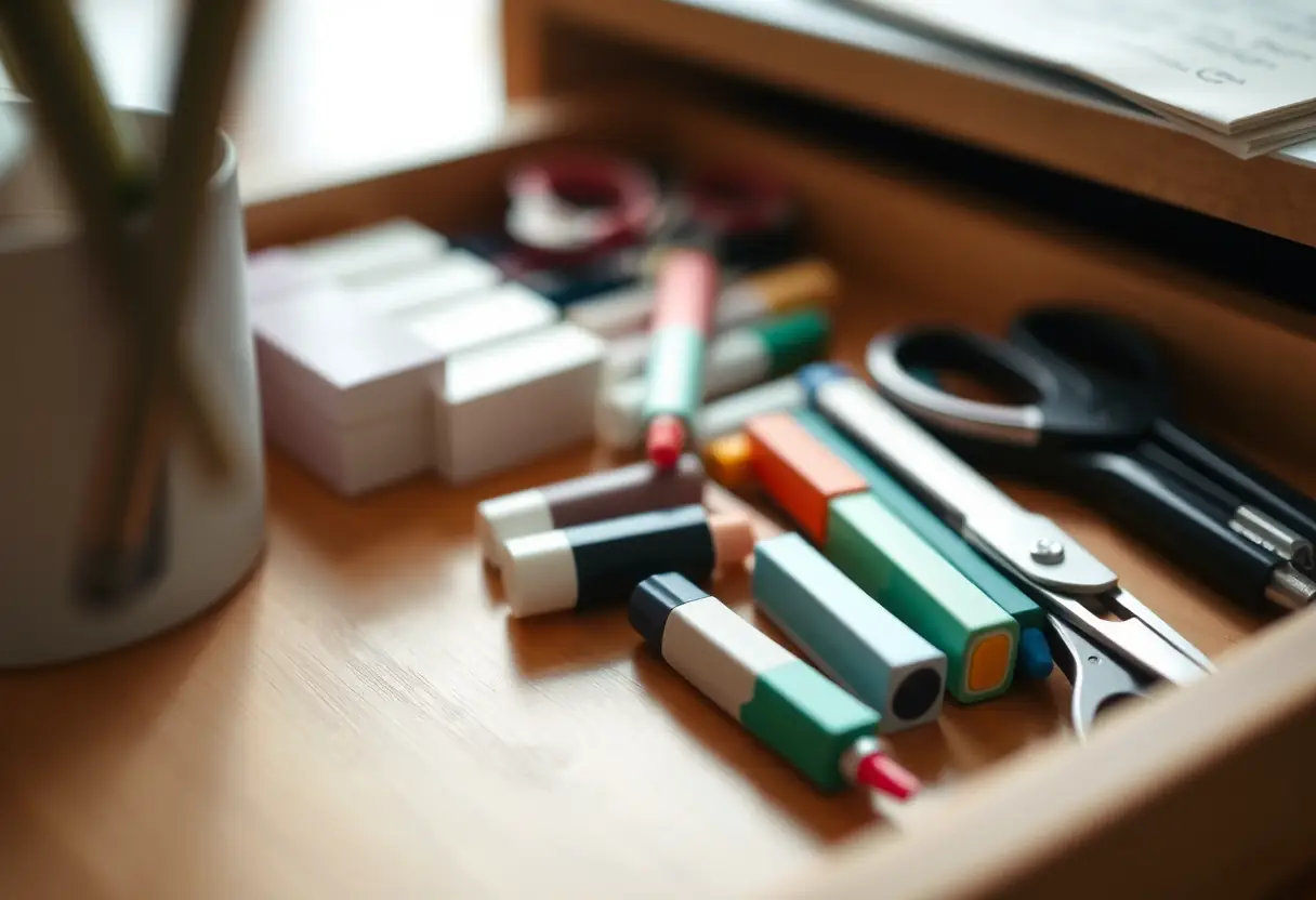 Un tiroir de bureau bien rangé contenant des fournitures scolaires