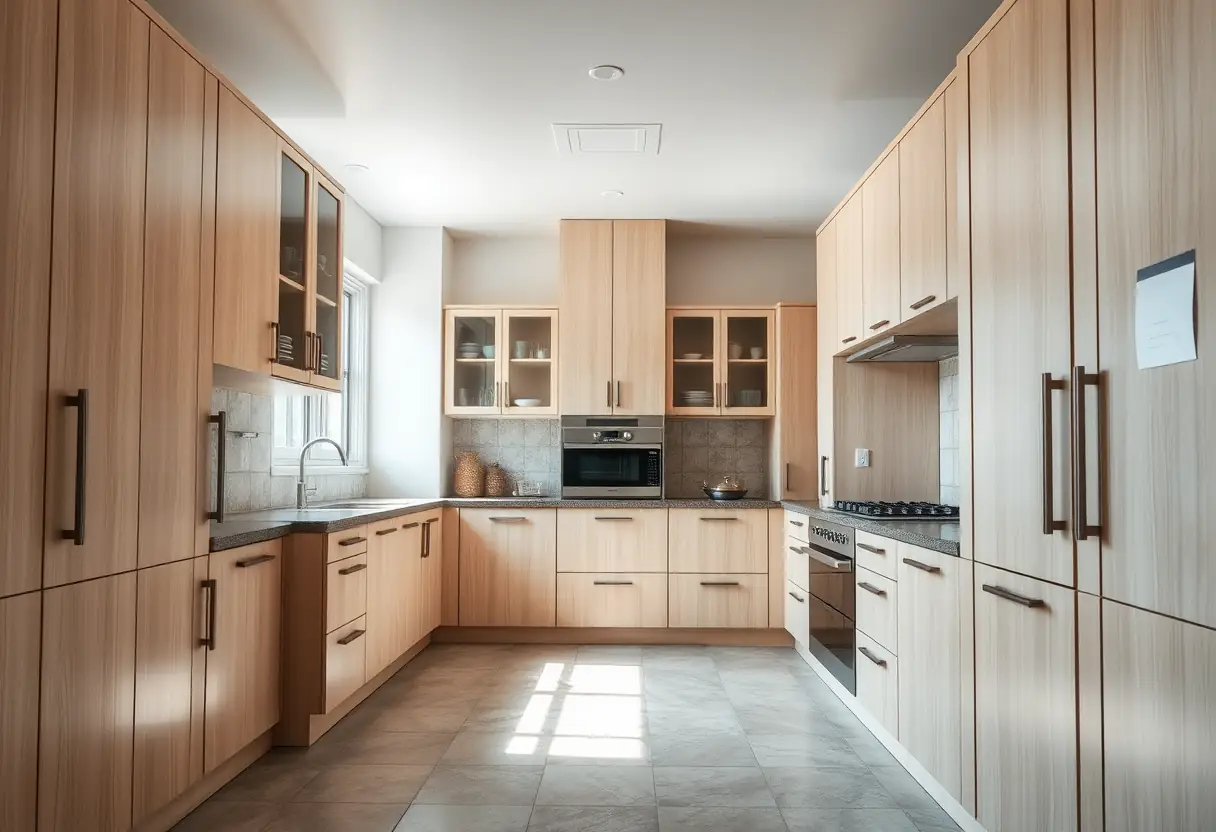 Cuisine moderne avec des placards à portes coulissantes et tiroirs, guide de rangement