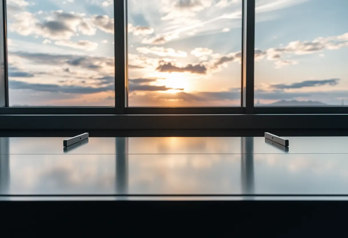 Un bureau en aluminium réfléchit le ciel de l'après-midi, mettant en valeur sa durabilité et son design moderne
