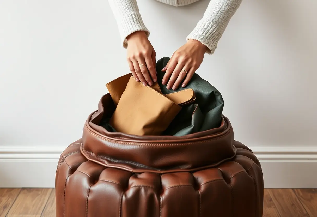 Mains organisant des objets dans un pouf en simili cuir