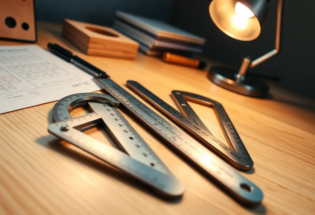 Règles et rapporteurs métalliques bien rangés sur un bureau en bois sous une lampe de travail