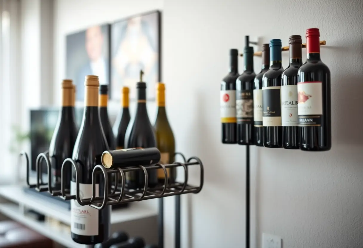 Vue rapprochée de bouteilles de vin alignées sur une étagère métallique fixée au mur dans un salon