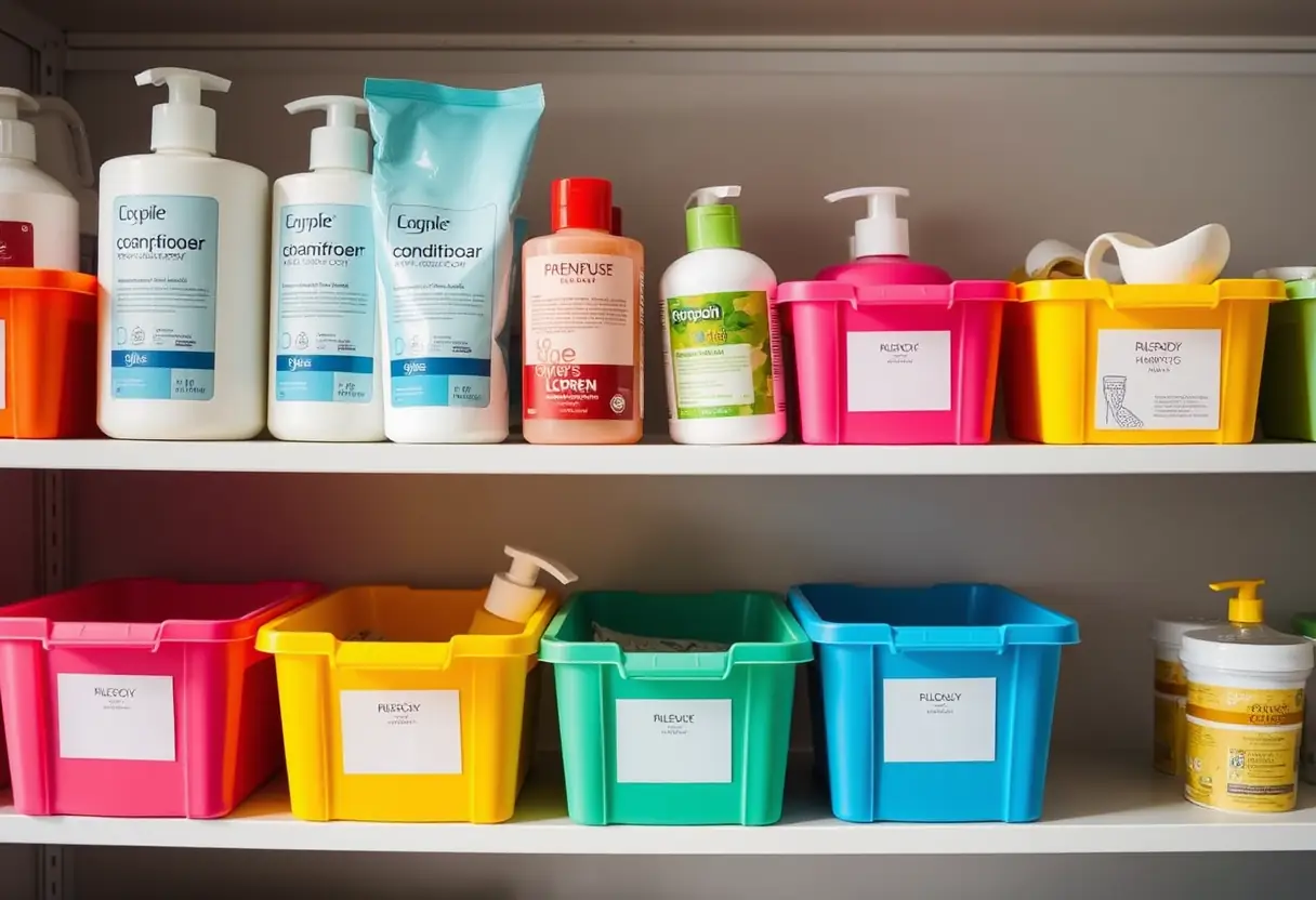Bacs de rangement colorés contenant des produits capillaires sur une étagère