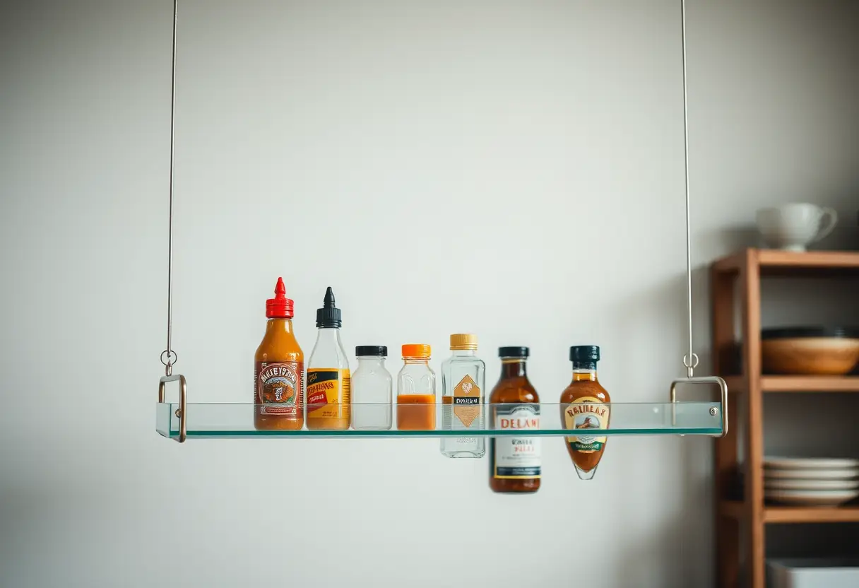 Étagère suspendue avec bouteilles de condiments en cuisine