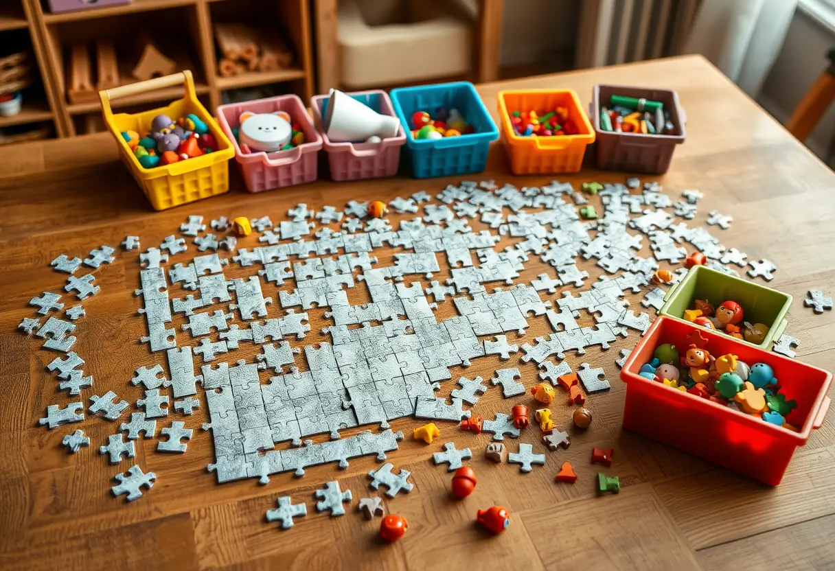 Puzzle étalé sur une table en bois entouré de petits jouets rangés dans des bacs colorés