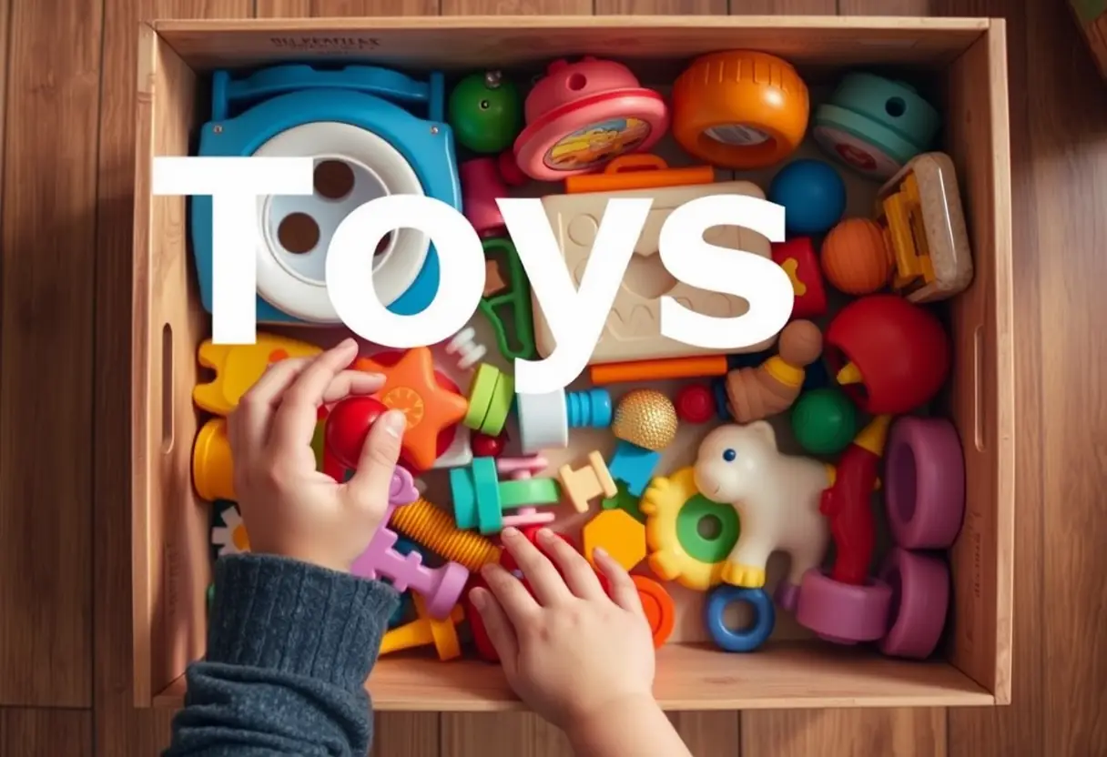 Boîte de rangement avec jouets variés, main d'enfant placée dedans