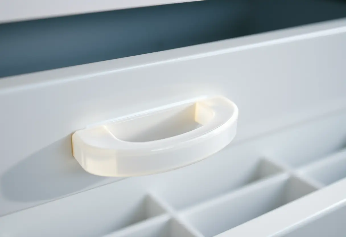 Un bouton de tirage de tiroir plastique partiellement ouvert