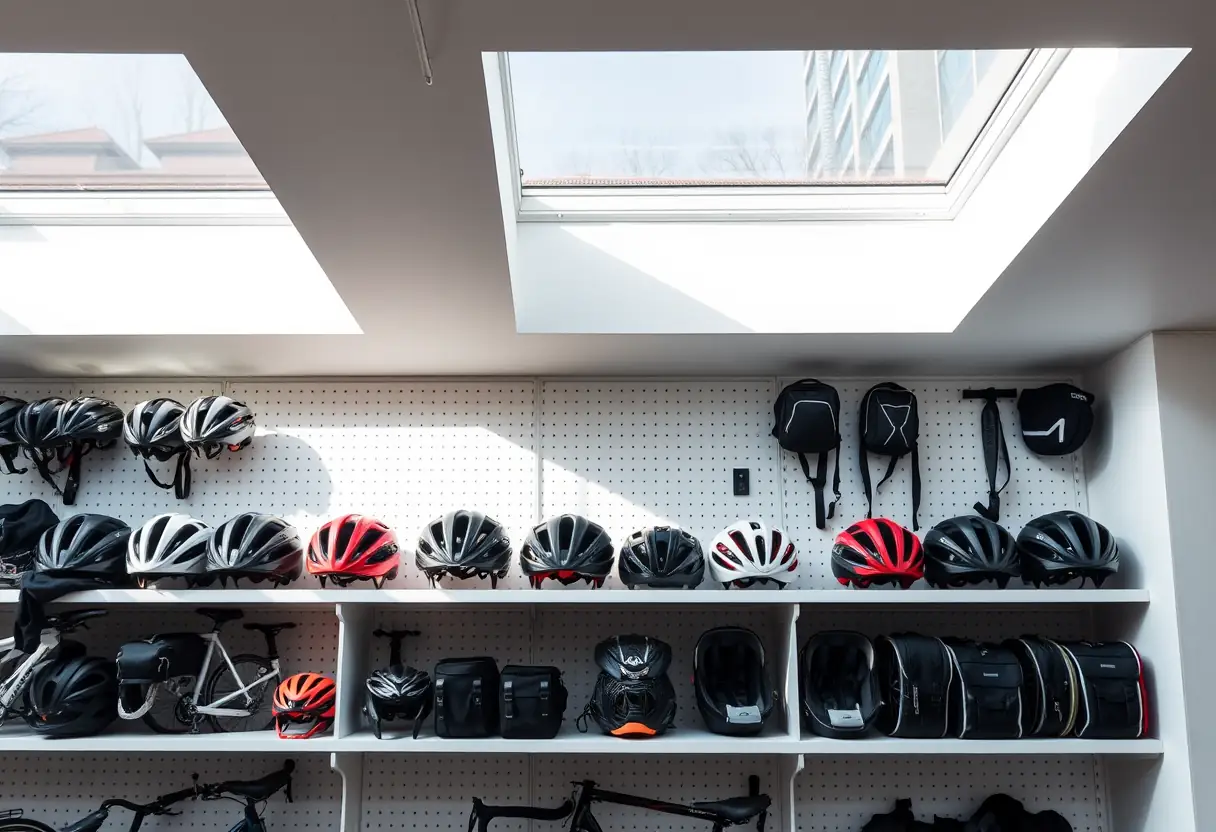 Une étagère horizontale remplie d'accessoires de vélo sous une lumière naturelle douce.
