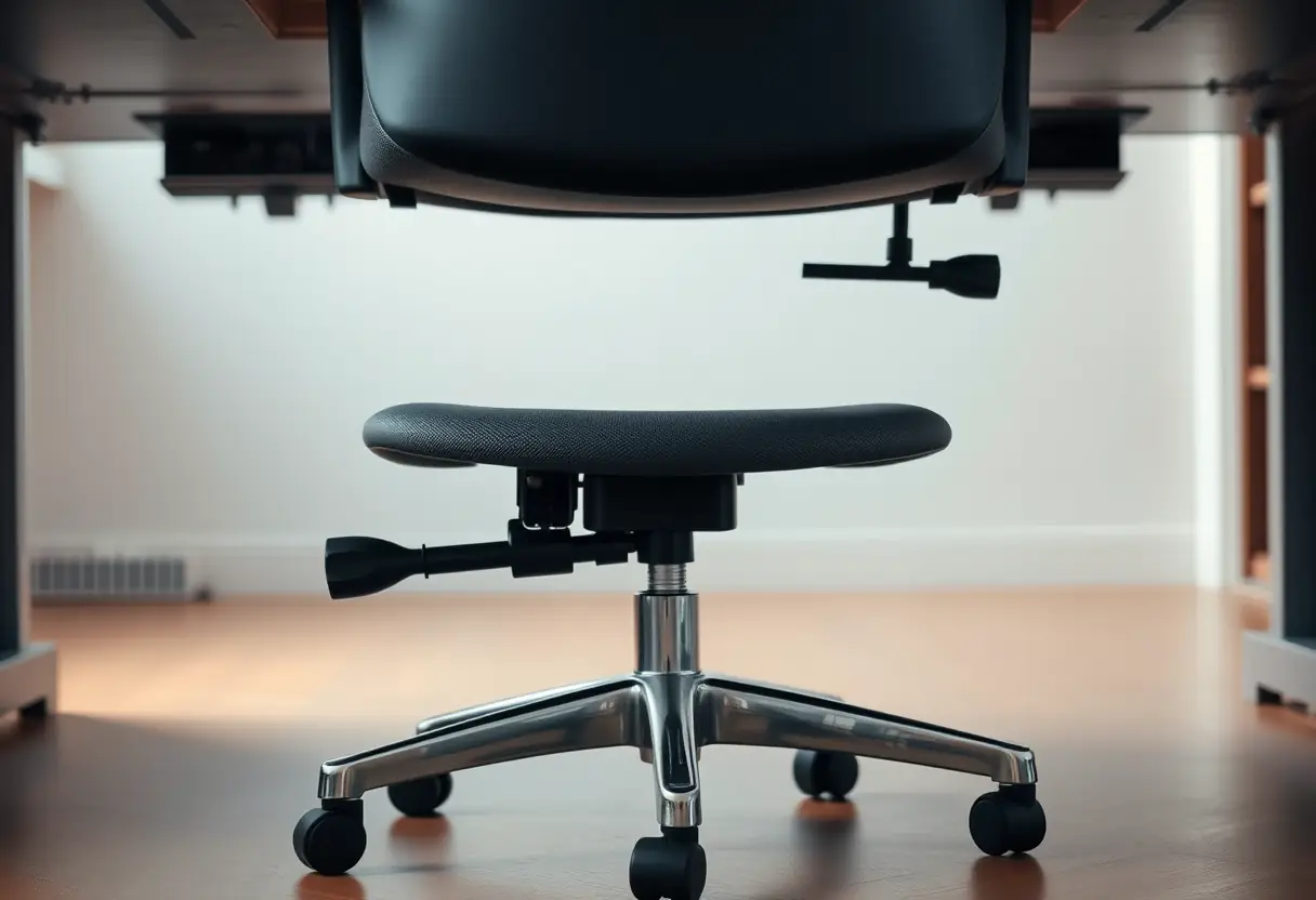 Fauteuil ergonomique face à un bureau avec un repose-pied métallique