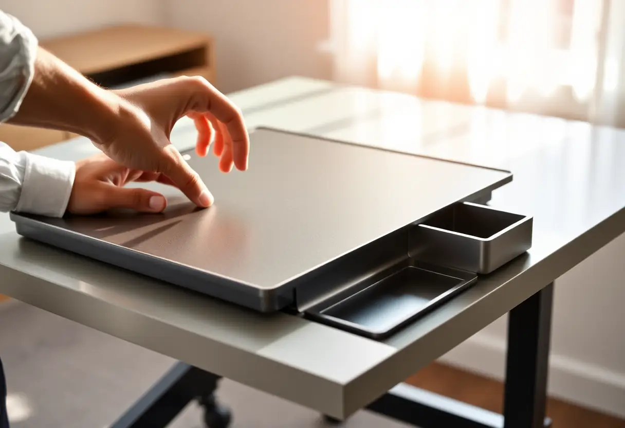 Un sous-main métallique avec des compartiments de rangement sur un bureau debout professionnel